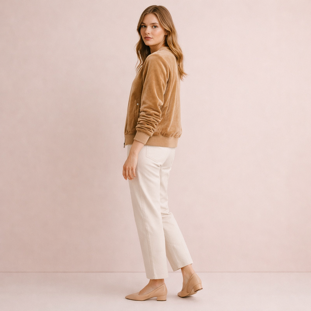 Bronze Velvet Zip-Up Bomber Jacket