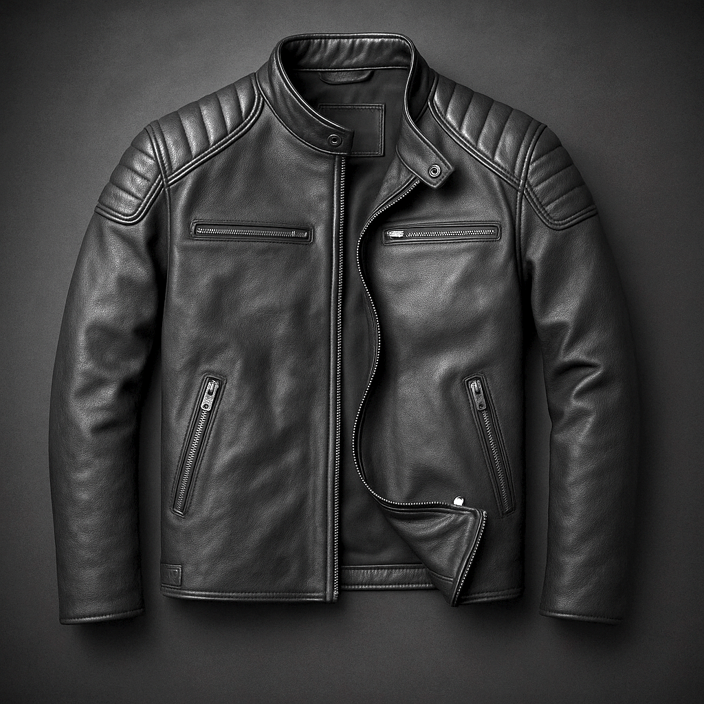 Biker Jacket Men's brown zip-front with stand collar and zip pockets