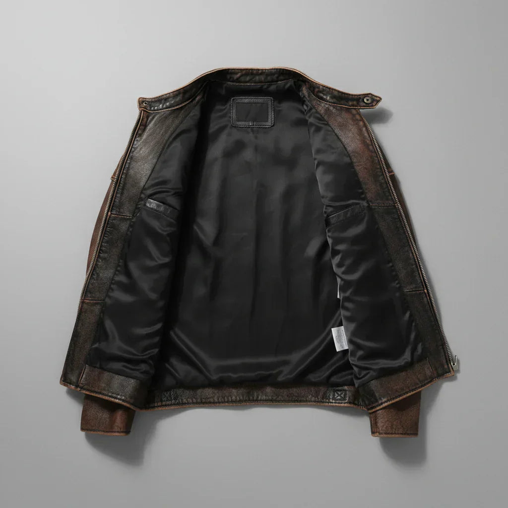 Biker Jacket Men's brown zip-front with stand collar and zip pockets