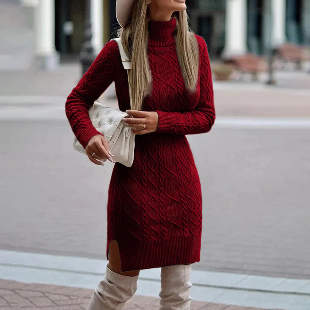 Cable-knit women's roll neck midi dress with side slit | M&B - 1 - Modern britwear