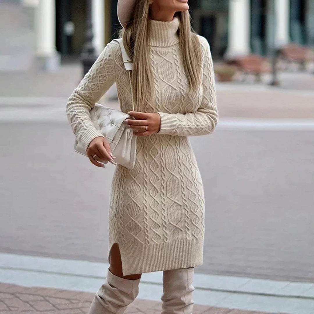 Cable-knit women's roll neck midi dress with side slit | M&B - 3 - Modern britwear