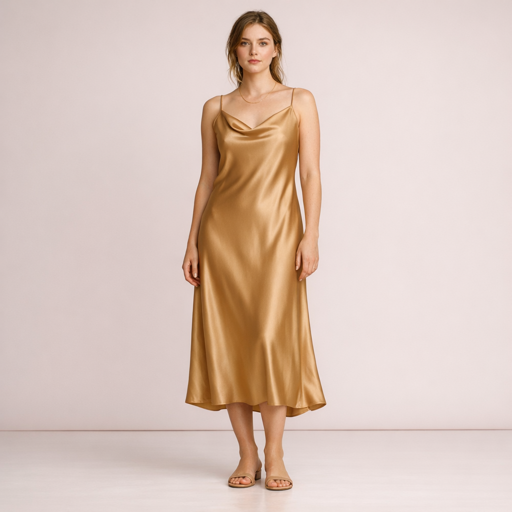 Gold Satin Cowl Neck Slip Midi Dress