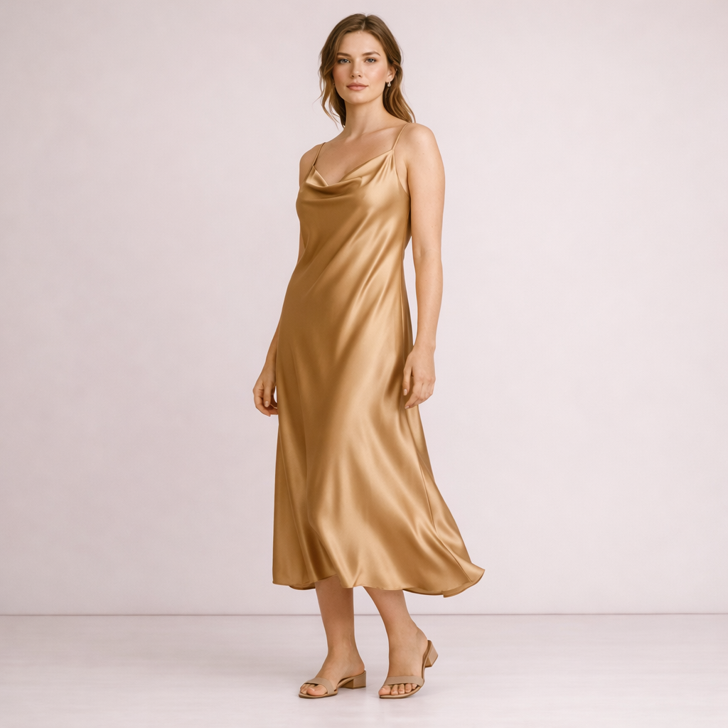 Gold Satin Cowl Neck Slip Midi Dress