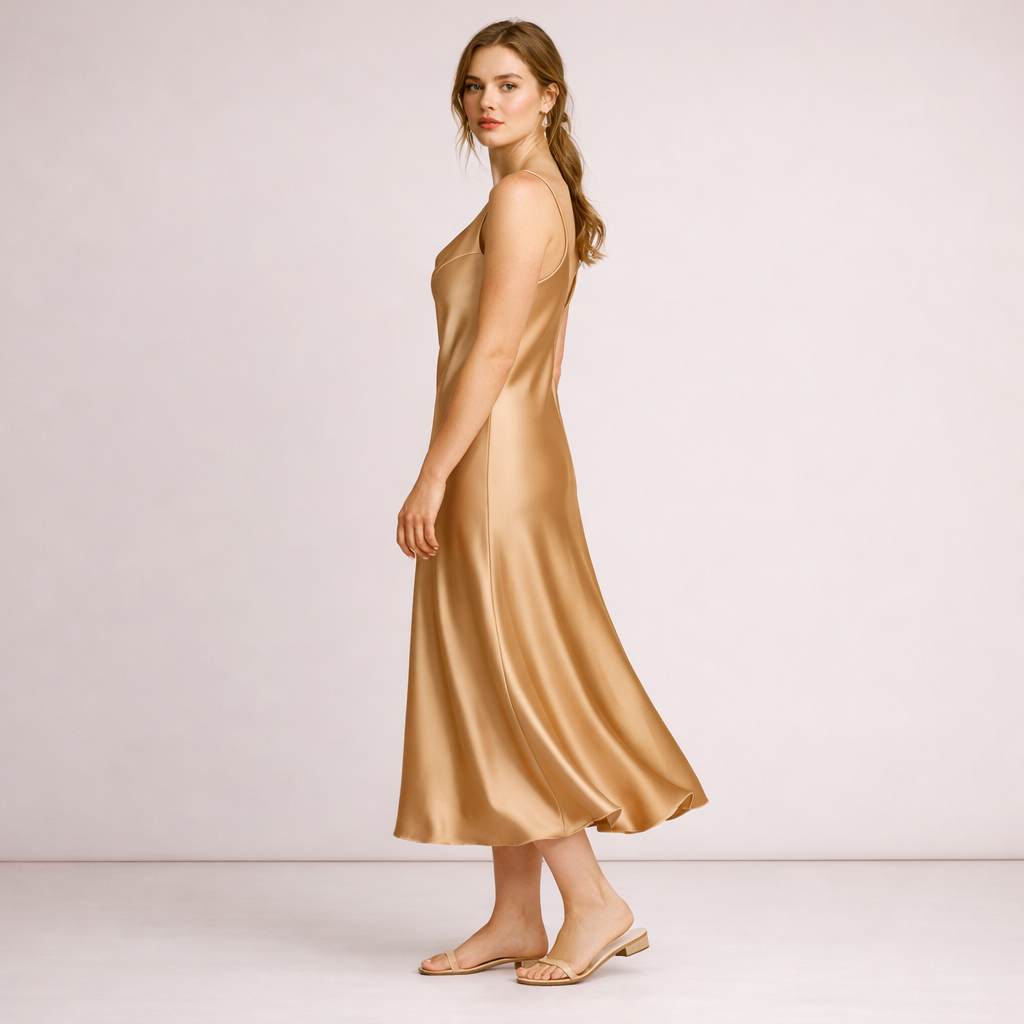 Gold Satin Cowl Neck Slip Midi Dress