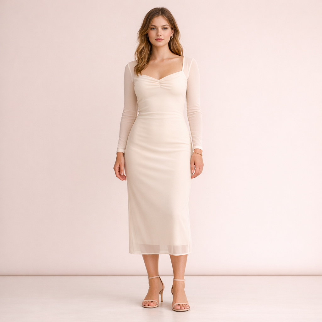 Ivory Mesh Long Sleeve Sweetheart Midi Dress