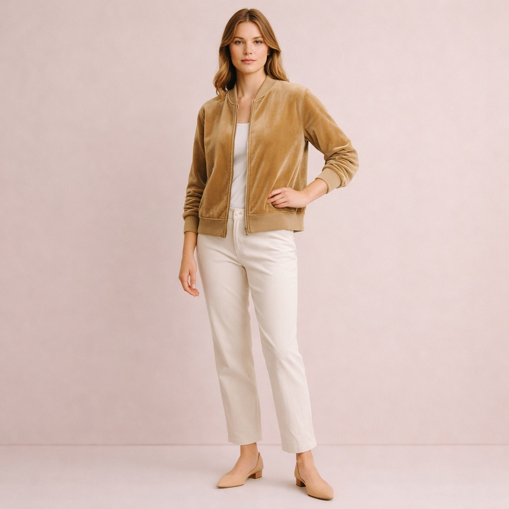 Bronze Velvet Zip-Up Bomber Jacket