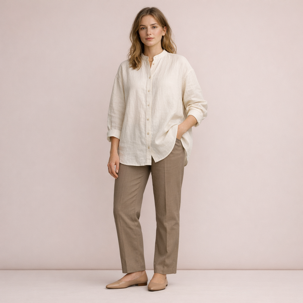 Cream Oversized Linen Mandarin Collar Shirt