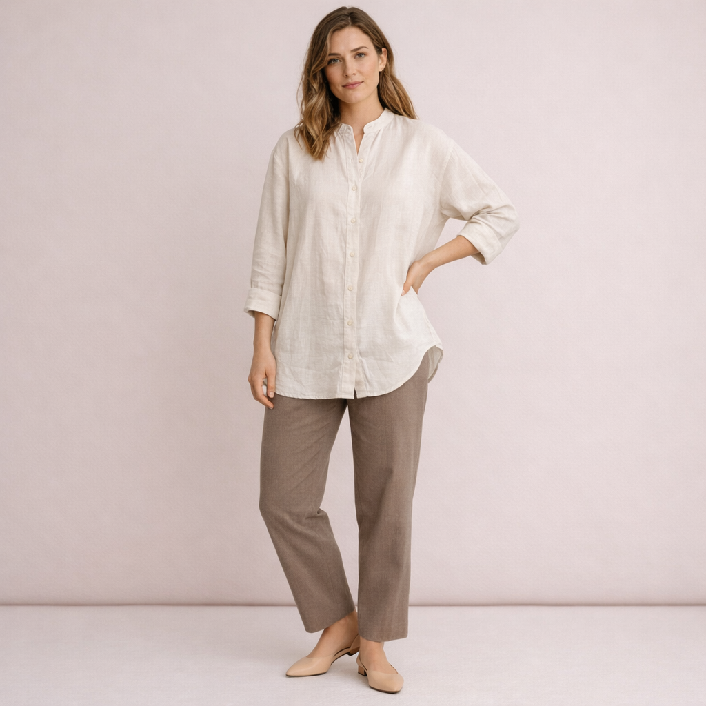 Cream Oversized Linen Mandarin Collar Shirt