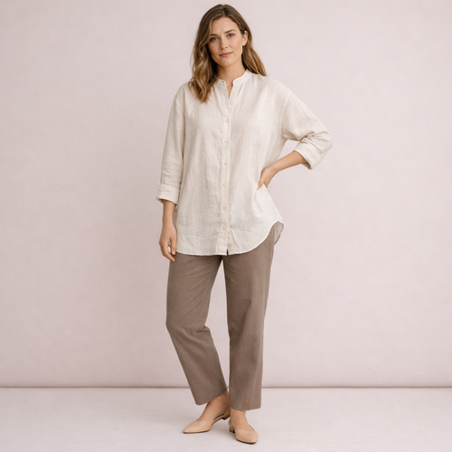 Cream Oversized Linen Mandarin Collar Shirt