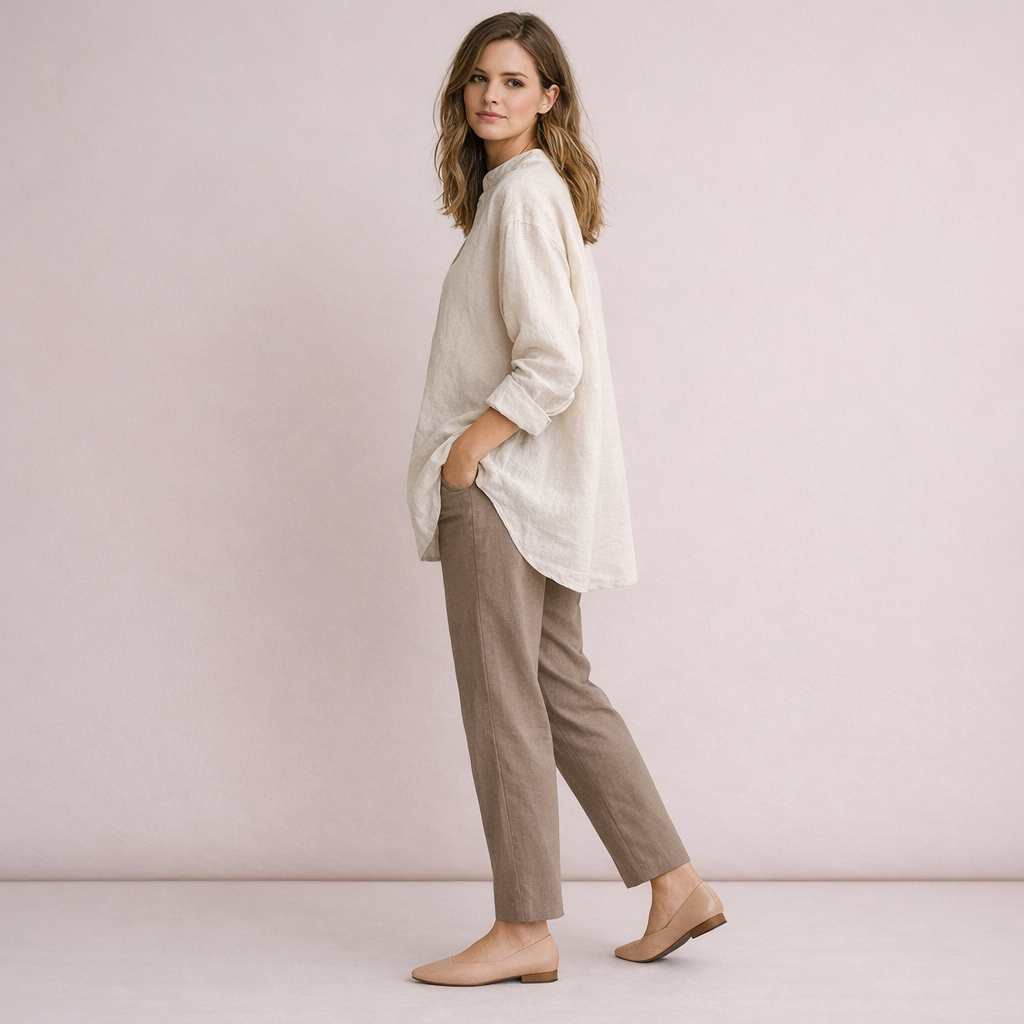 Cream Oversized Linen Mandarin Collar Shirt