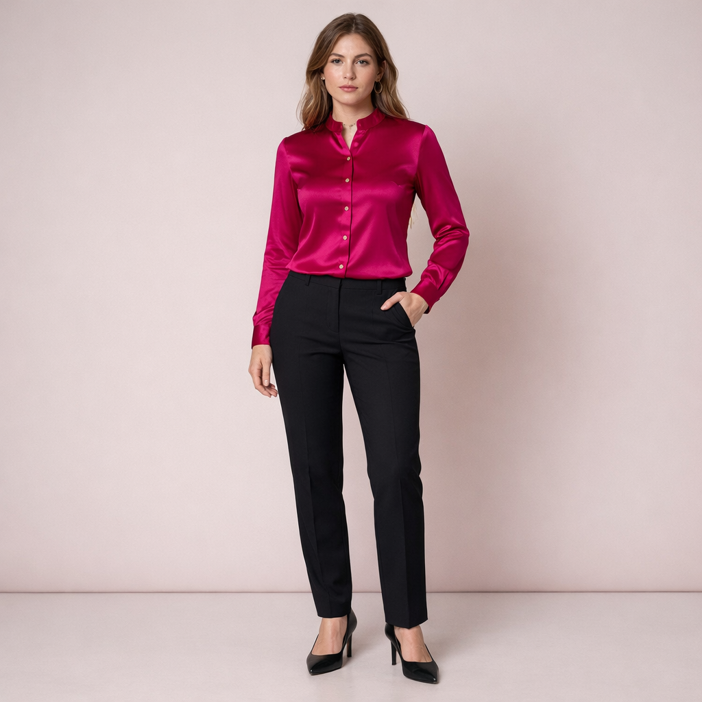 Fuchsia Satin Mandarin Collar Button-Up Blouse