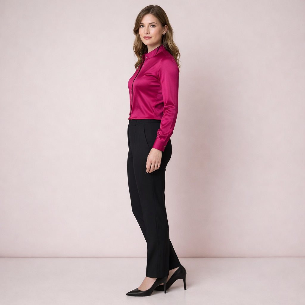 Fuchsia Satin Mandarin Collar Button-Up Blouse