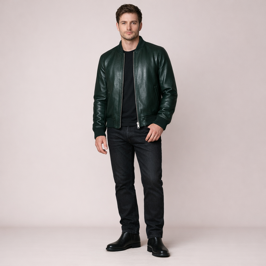 Forest Green Leather Bomber Jacket