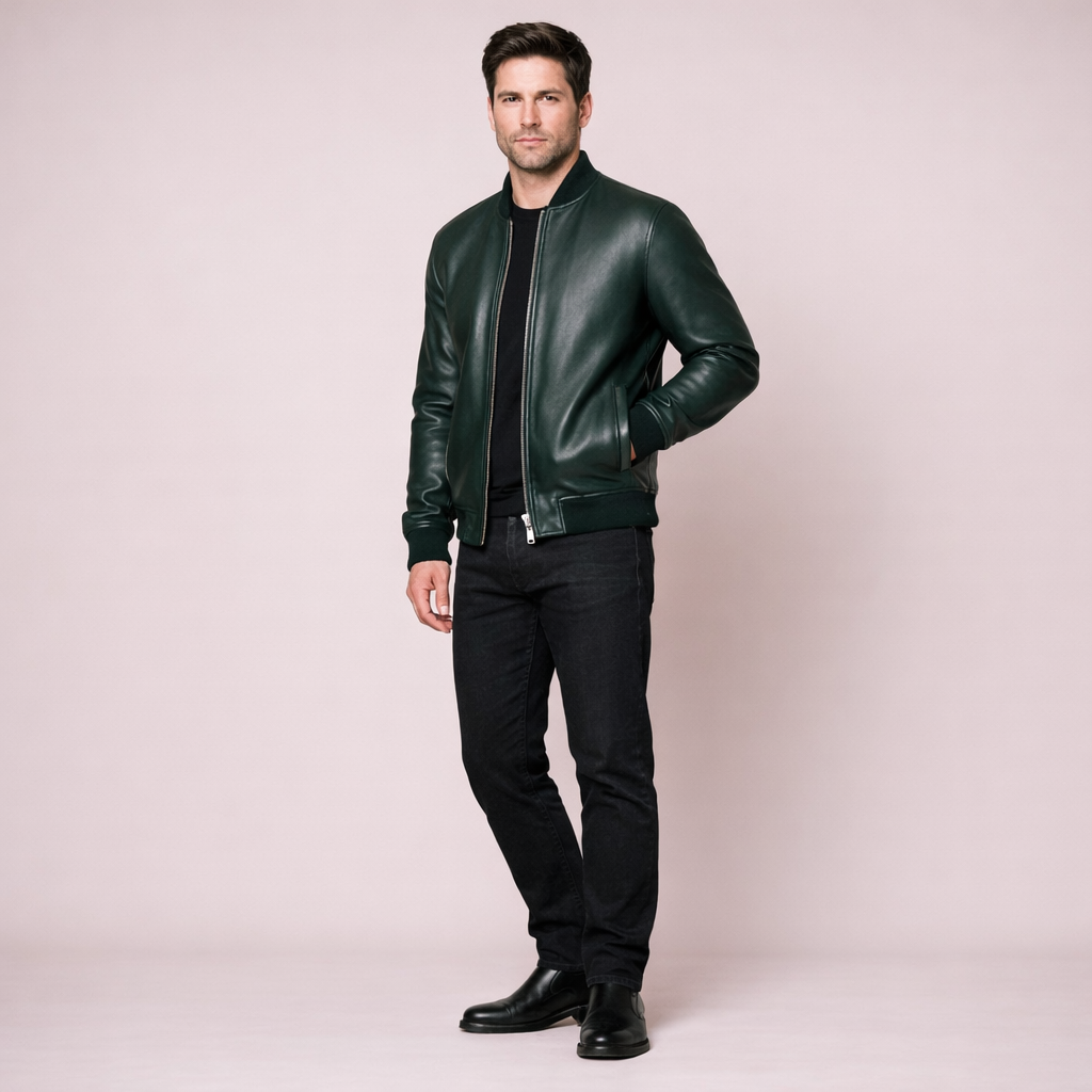 Forest Green Leather Bomber Jacket