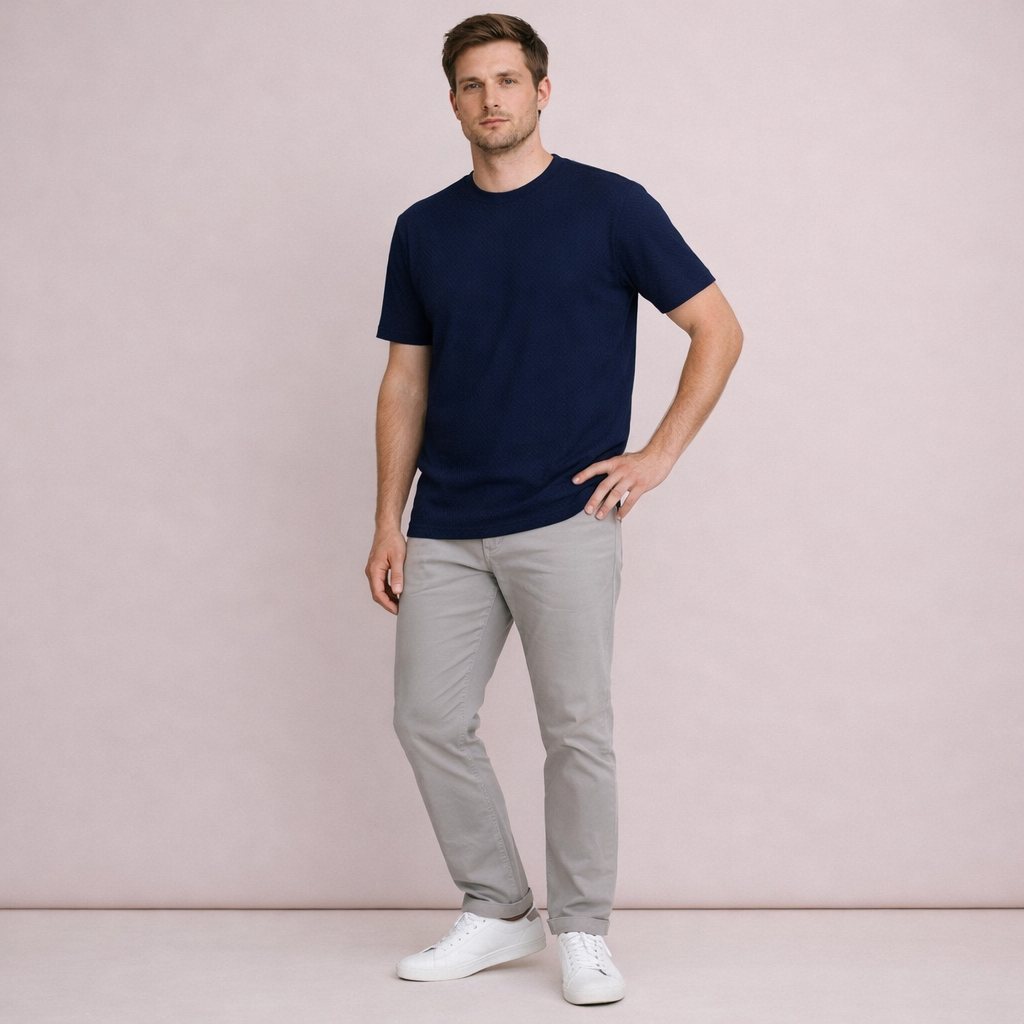 Navy Textured Knit Crew Neck T-Shirt