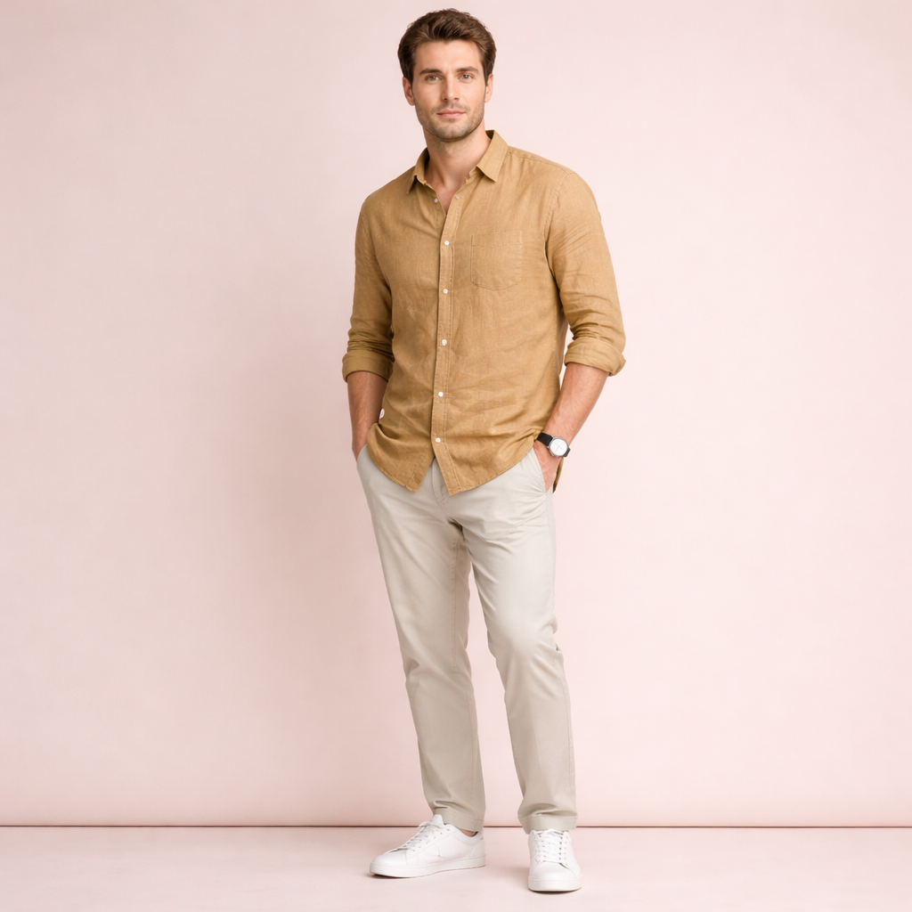 Camel Long Sleeve Linen Shirt