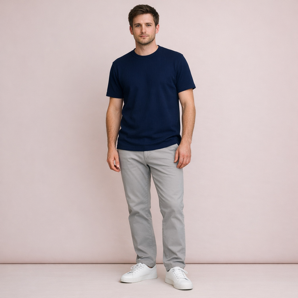 Navy Textured Knit Crew Neck T-Shirt