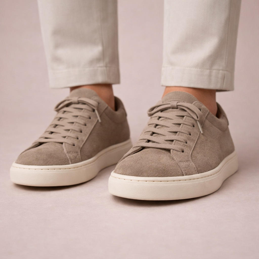 Taupe Suede Low-Top Lace-Up Sneakers