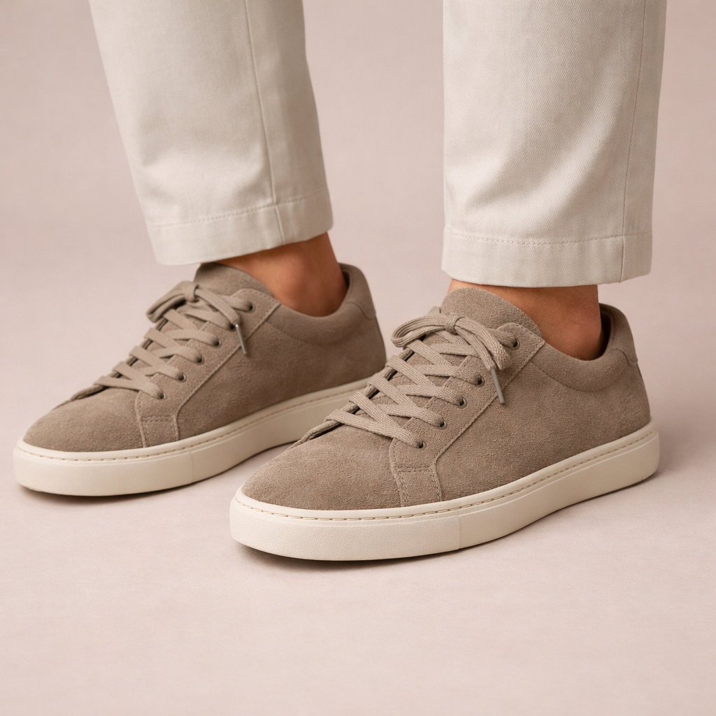 Taupe Suede Low-Top Lace-Up Sneakers