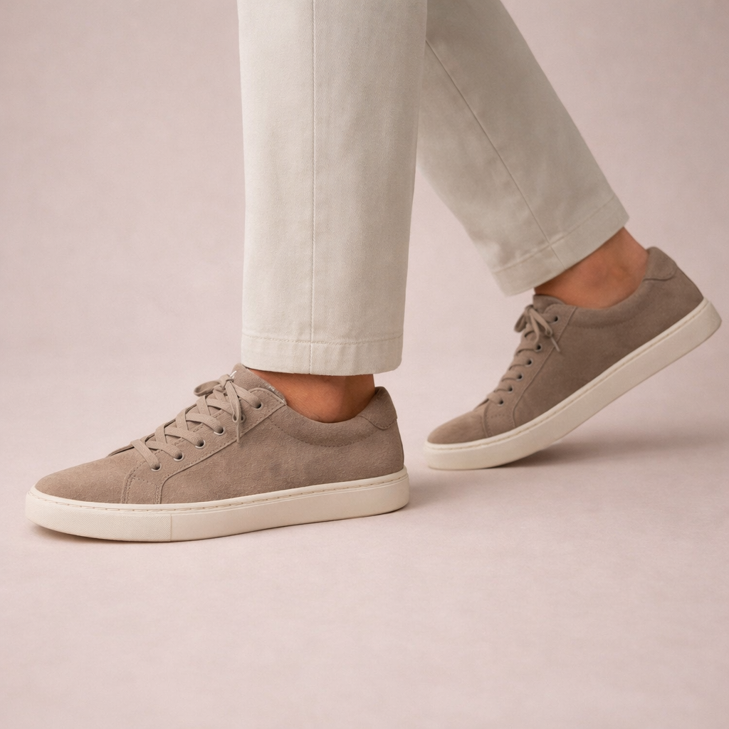 Taupe Suede Low-Top Lace-Up Sneakers