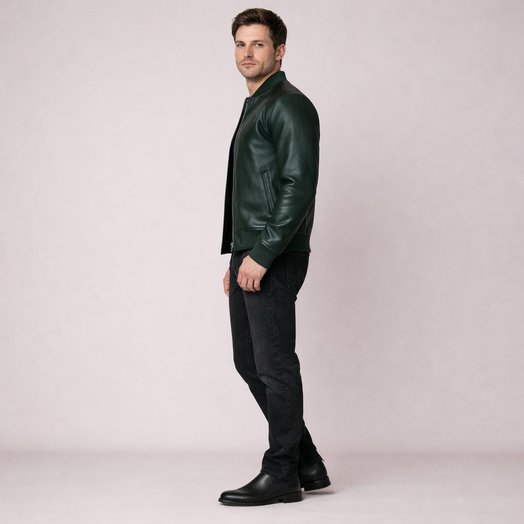 Forest Green Leather Bomber Jacket