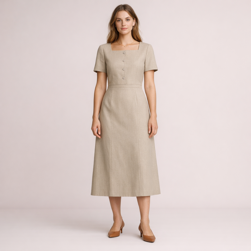 Oatmeal Linen Square Neck Button-Front Midi Dress