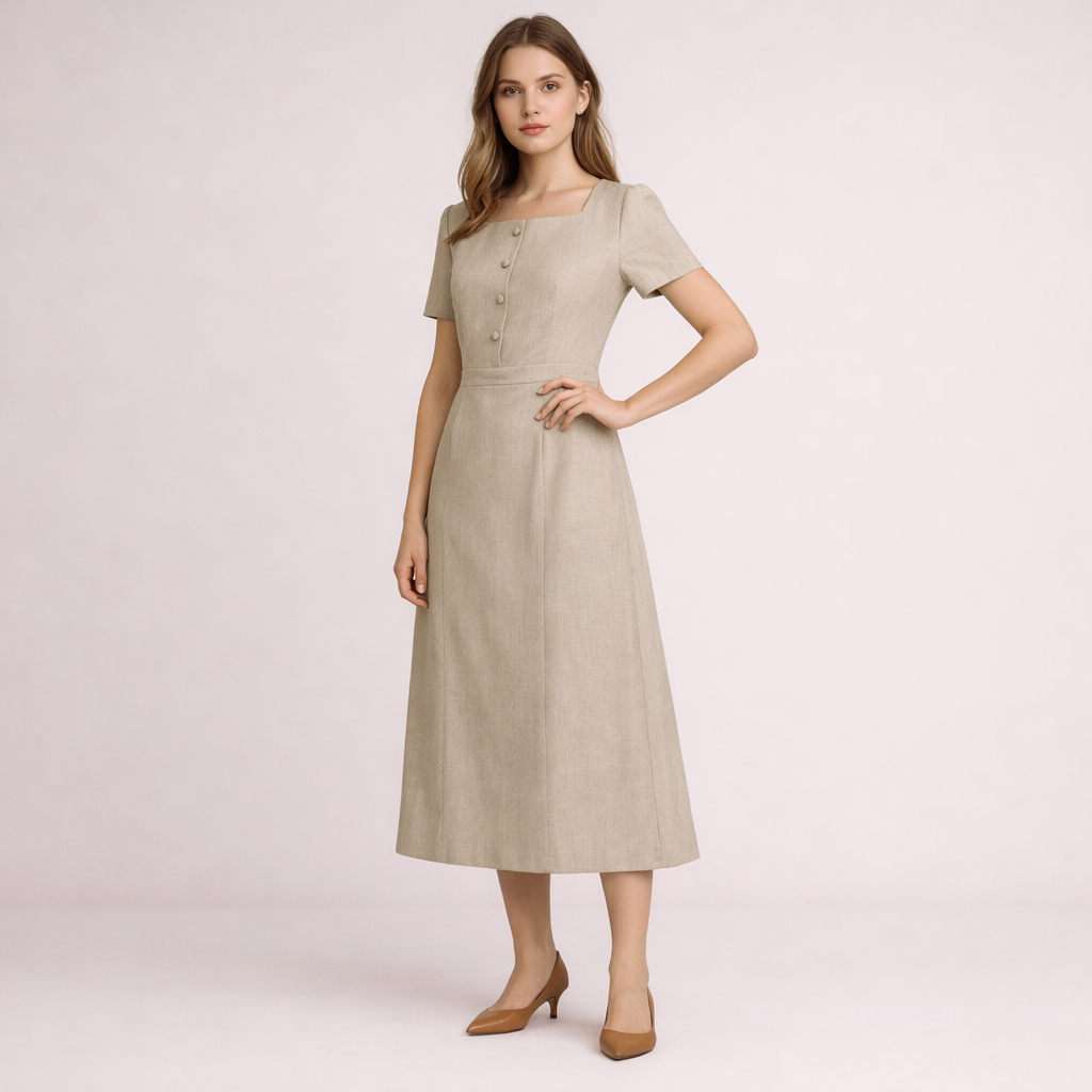 Oatmeal Linen Square Neck Button-Front Midi Dress