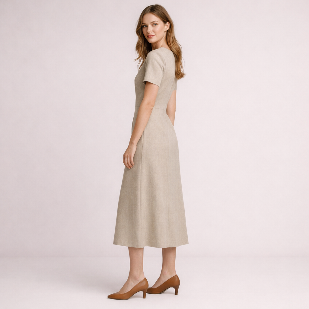 Oatmeal Linen Square Neck Button-Front Midi Dress