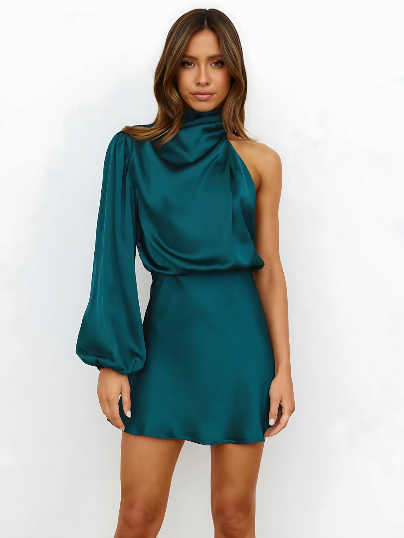 Mini Dress Women's Asymmetrical Neckline with Elegant Drape | M&B - 6 - Modern britwear