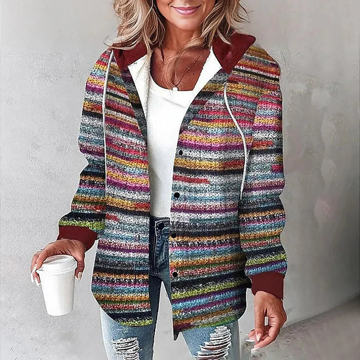 Shacket Women's red check oversized with hood and long sleeves